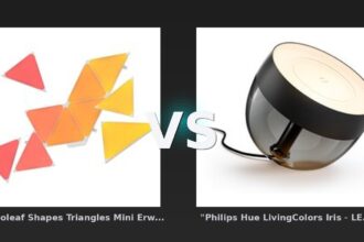 Vergleich: "Nanoleaf Shapes Triangles Mini Erweiterung - 10er-Set- Weiß" vs "Philips Hue LivingColors Iris - LED-Tischleuchte - Schwarz" - "Nanoleaf Shapes Triangles vs "Philips Hue LivingColors: Der KI-Audit