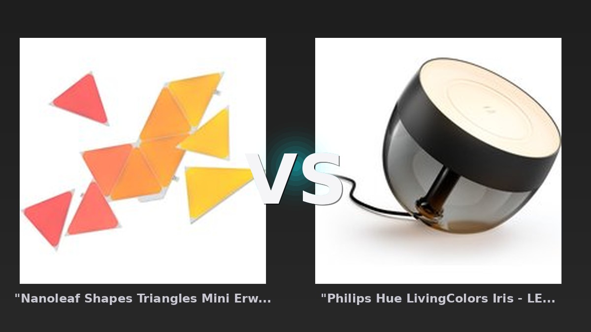 Vergleich: "Nanoleaf Shapes Triangles Mini Erweiterung - 10er-Set- Weiß" vs "Philips Hue LivingColors Iris - LED-Tischleuchte - Schwarz" - "Nanoleaf Shapes Triangles vs "Philips Hue LivingColors: Der KI-Audit