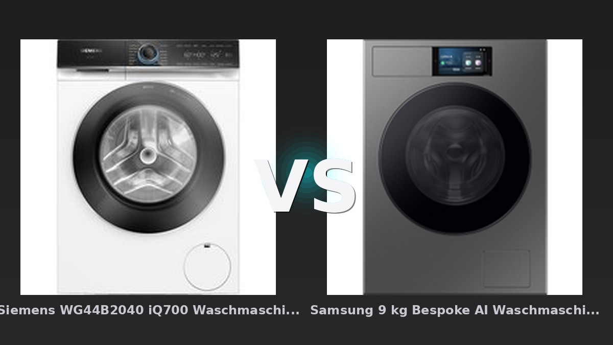 Vergleich: Siemens WG44B2040 iQ700 Waschmaschine - Frontlader 9 kg 1400 U/min - Weiß / Altgerätemitnahme vs Samsung 9 kg Bespoke AI Waschmaschine WF90F/24 mit AI Home, EEK: A -55%, 9 kg Edelstahl Schwarz - Siemens WG44B2040 iQ700 vs Samsung Bespoke AI: Der KI-Audit