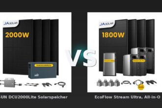 Vergleich: TSUN DCU2000Lite Solarspeicher für Balkonkraftwerke, mit 4 x 500W JA Solar Bifaziale Solarmodule & 800W Mikro‑Wechselrichter, by Powerness - 10kWh / Standardversand vs EcoFlow Stream Ultra, All-in-One Speicher für Balkonkraftwerke, mit 4 x 450 JA Solar Bifaziale Solarmodule, by Powerness - Stream Ultra + 4 x Stream AC Pro | 9600Wh / 4 x Smart Plug / Selbstabholung
