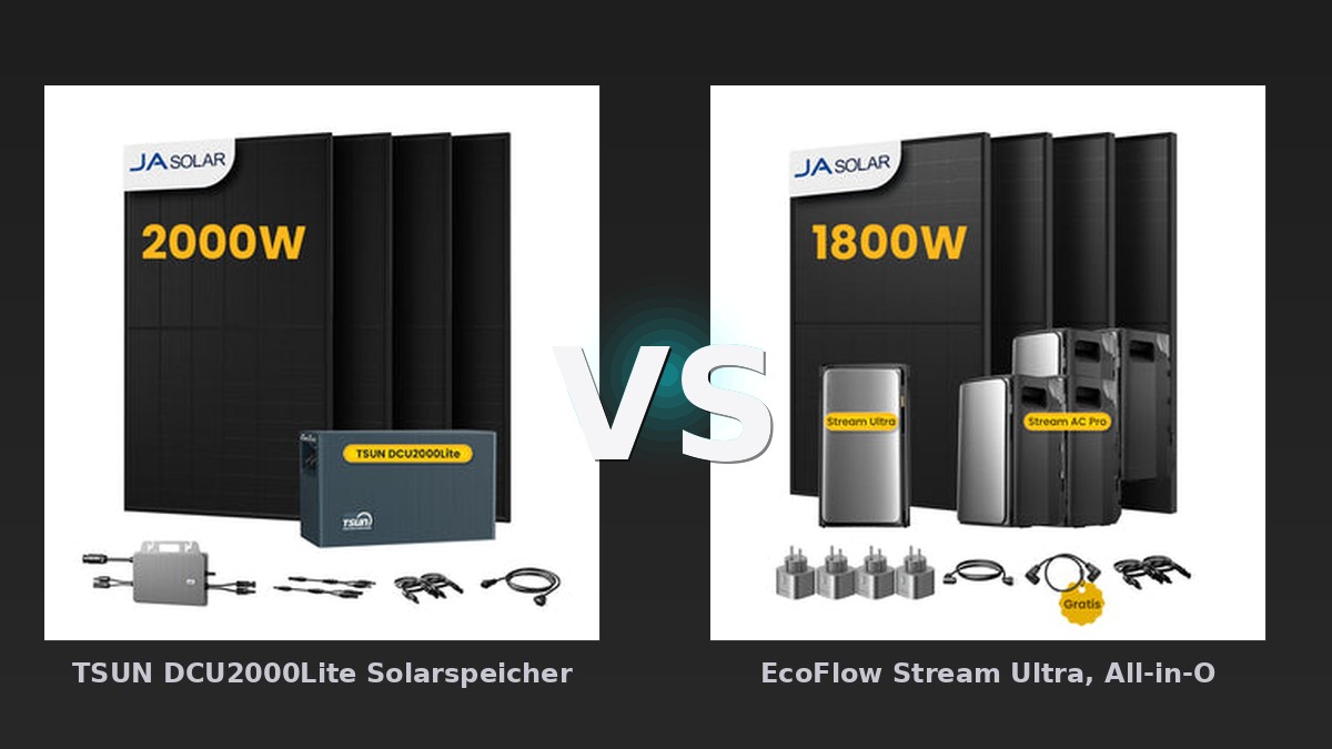 Vergleich: TSUN DCU2000Lite Solarspeicher für Balkonkraftwerke, mit 4 x 500W JA Solar Bifaziale Solarmodule & 800W Mikro‑Wechselrichter, by Powerness - 10kWh / Standardversand vs EcoFlow Stream Ultra, All-in-One Speicher für Balkonkraftwerke, mit 4 x 450 JA Solar Bifaziale Solarmodule, by Powerness - Stream Ultra + 4 x Stream AC Pro | 9600Wh / 4 x Smart Plug / Selbstabholung