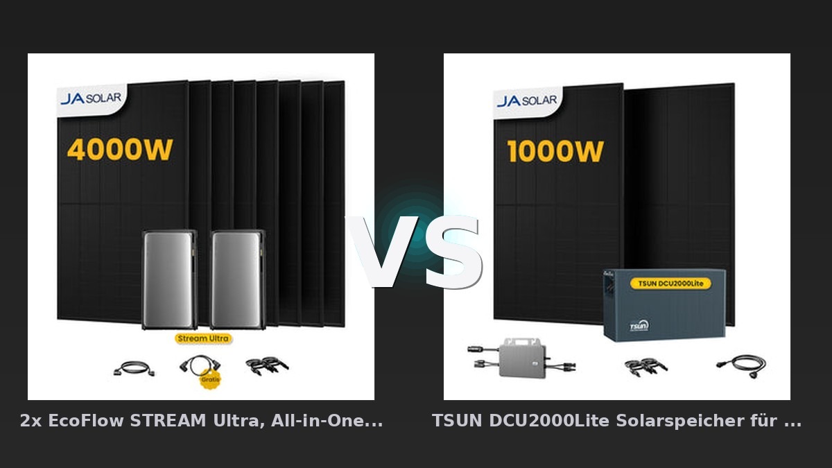 Vergleich: 2x EcoFlow STREAM Ultra, All-in-One Speicher für Balkonkraftwerke, mit 8 JA Solar Bifaziale Solarmod vs TSUN DCU2000Lite Solarspeicher für Balkonkraftwerke, mit 2 x 500W JA Solar Bifaziale Solarmodule & 8 - 2x EcoFlow STREAM vs TSUN DCU2000Lite Solarspeicher: Der KI-Audit