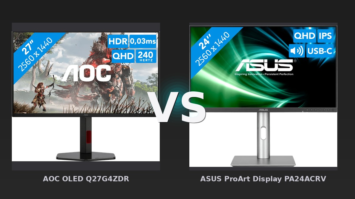 Vergleich: AOC OLED Q27G4ZDR vs ASUS ProArt Display PA24ACRV - AOC OLED Q27G4ZDR vs. ASUS ProArt PA24ACRV: Gaming trifft auf Profi – wer dominiert?