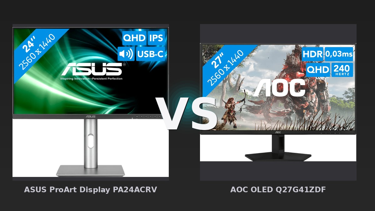 Vergleich: ASUS ProArt Display PA24ACRV vs AOC OLED Q27G41ZDF - ASUS ProArt PA24ACRV vs AOC OLED Q27G41ZDF: Profi-Monitor gegen Gaming-OLED – der 350-Euro-Vergleich