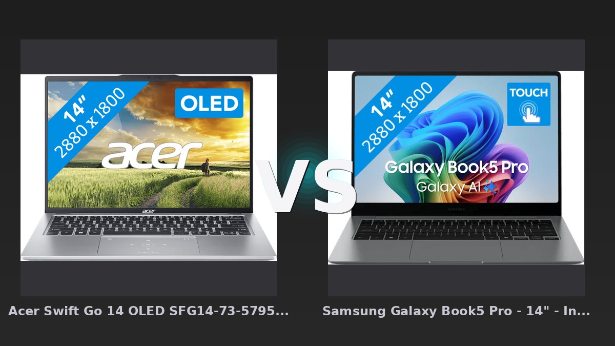 Vergleich: Acer Swift Go 14 OLED SFG14-73-5795 - 14" - Intel Core Ultra 5 - 16GB RAM/512GB SSD vs Samsung Galaxy Book5 Pro - 14" - Intel Core Ultra 7 - 16GB RAM/512GB SSD - Acer Swift Go vs Samsung Galaxy Book5: Der KI-Audit