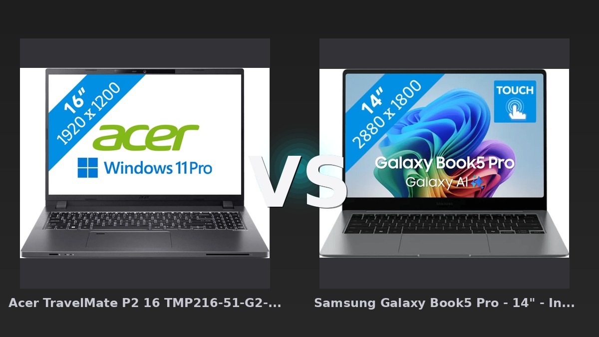 Vergleich: Acer TravelMate P2 16 TMP216-51-G2-TCO-77R7 QWERTY [Englische Tastatur] vs Samsung Galaxy Book5 Pro - 14" - Intel Core Ultra 7 - 16GB RAM/512GB SSD - Acer TravelMate P2 vs Samsung Galaxy Book5: Der KI-Audit