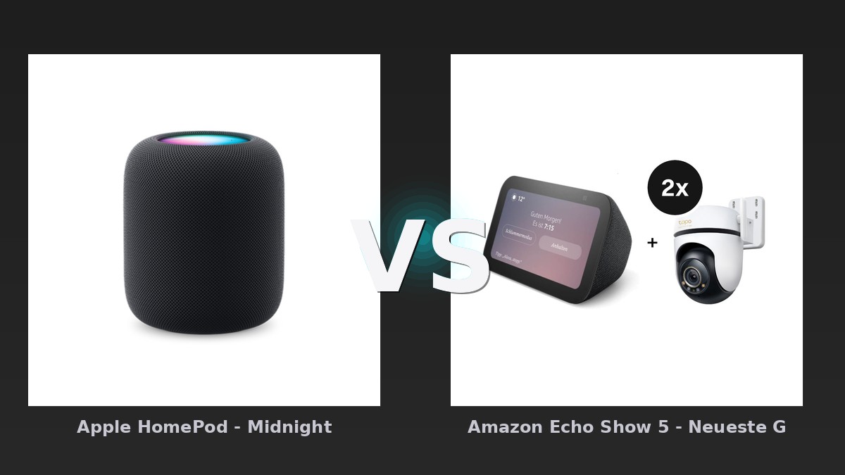 Vergleich: Apple HomePod - Midnight vs Amazon Echo Show 5 - Neueste Generation + TP-Link Tapo C530WS - Schwenk-Neige-Außenkamera - 2er-Set