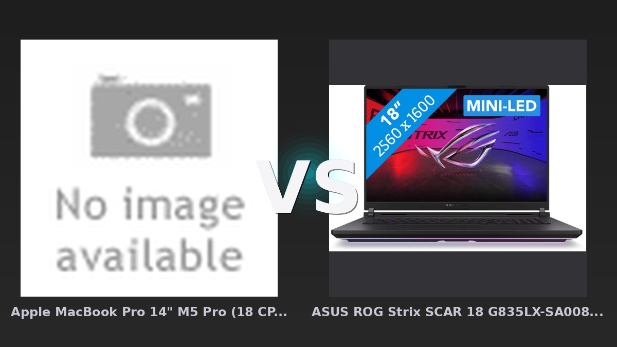 Vergleich: Apple MacBook Pro 14" M5 Pro (18 CPU / 20 GPU) mit Nano Display 48GB/2TB Schwarz QWERTZ vs ASUS ROG Strix SCAR 18 G835LX-SA008W - 18" - Intel Ultra 9 - 64GB RAM/2TB SSD - RTX 5090 - Apple MacBook Pro 14" M5 Pro vs. ASUS ROG Strix SCAR 18 – High-End-Laptops im Duell