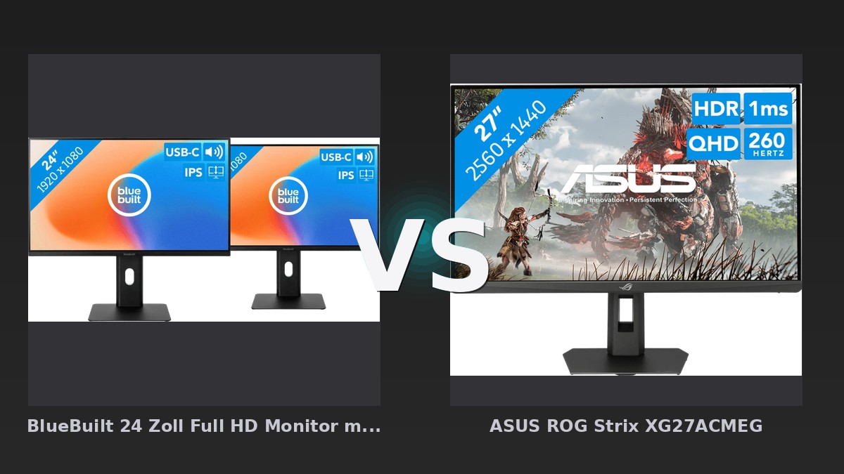 Vergleich: BlueBuilt 24 Zoll Full HD Monitor mit USB-C Doppelpack vs ASUS ROG Strix XG27ACMEG - BlueBuilt Full HD vs ASUS ROG Strix: Der KI-Audit