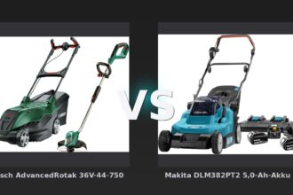 Vergleich: Bosch AdvancedRotak 36V-44-750 inkl. 4,0-Ah-Akku + Bosch AdvancedGrassCut 36 Li (ohne Akku) vs Makita DLM382PT2 5,0-Ah-Akku (4x) Starterset