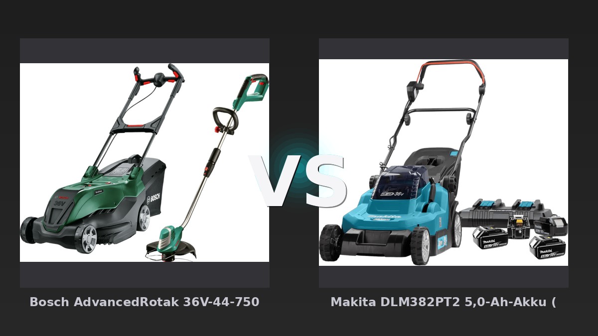Vergleich: Bosch AdvancedRotak 36V-44-750 inkl. 4,0-Ah-Akku + Bosch AdvancedGrassCut 36 Li (ohne Akku) vs Makita DLM382PT2 5,0-Ah-Akku (4x) Starterset