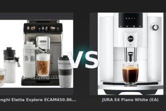 Vergleich: De'Longhi Eletta Explore ECAM450.86.T Titan vs JURA E4 Piano White (EA) - De'Longhi Eletta Explore vs. JURA E4: Der Vollautomat mit Milchsystem schlägt den Puristen
