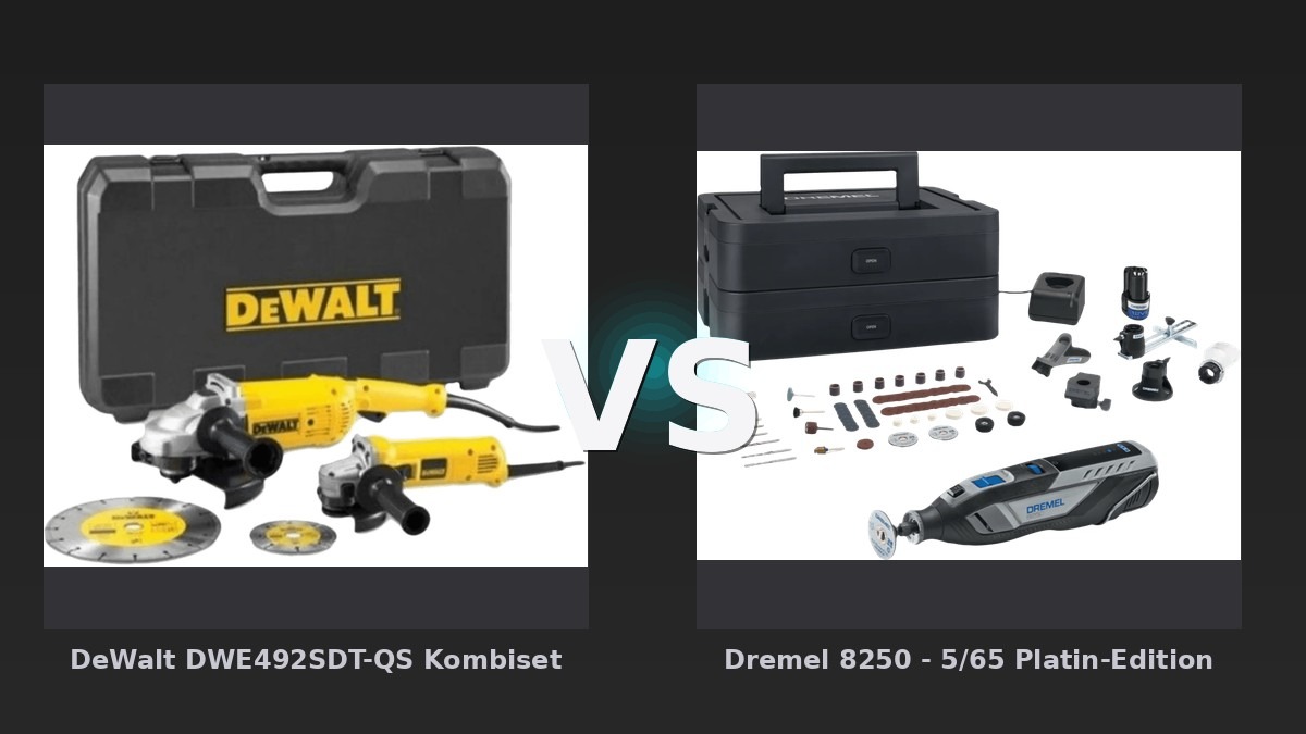 Vergleich: DeWalt DWE492SDT-QS Kombiset vs Dremel 8250 - 5/65 Platin-Edition - DeWalt DWE492SDT-QS Kombiset vs Dremel 8250 -: Der KI-Audit