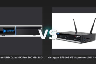 Vergleich: GigaBlue UHD Quad 4K Pro 500 GB SSD – PVR mit BT 5.4, 2x FBC DVB-S2 Tuner + Zusatz DVBC/T2-Tuner v2 vs Octagon SF8008 V3 Supreme UHD 4K Twin Sat-Receiver 2x DVB-S2X MS, Linux E2, M.2, Dual-WiFi) 4TB SSD - GigaBlue UHD Quad vs Octagon SF8008 V3: Der KI-Audit