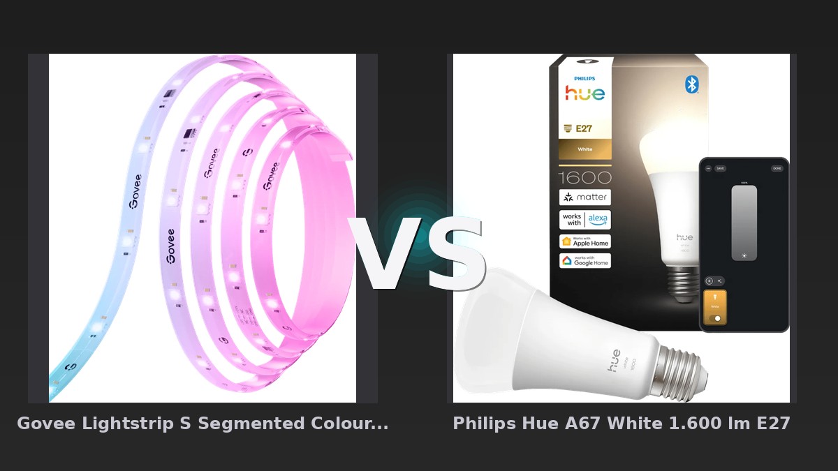 Vergleich: Govee Lightstrip S Segmented Colour Control 10 Meter vs Philips Hue A67 White 1.600 lm E27 - Govee Lightstrip S vs Philips Hue A67: Der KI-Audit