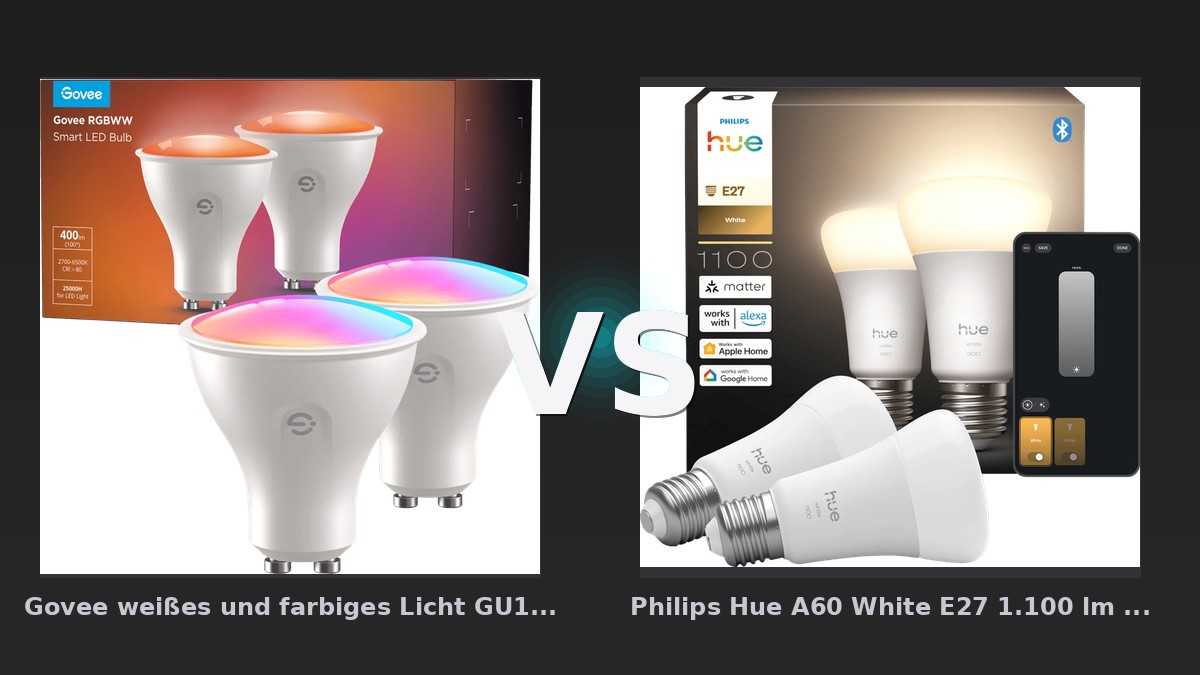 Vergleich: Govee weißes und farbiges Licht GU10 Doppelpack vs Philips Hue A60 White E27 1.100 lm Doppelpack - Govee weißes und vs Philips Hue A60: Der KI-Audit