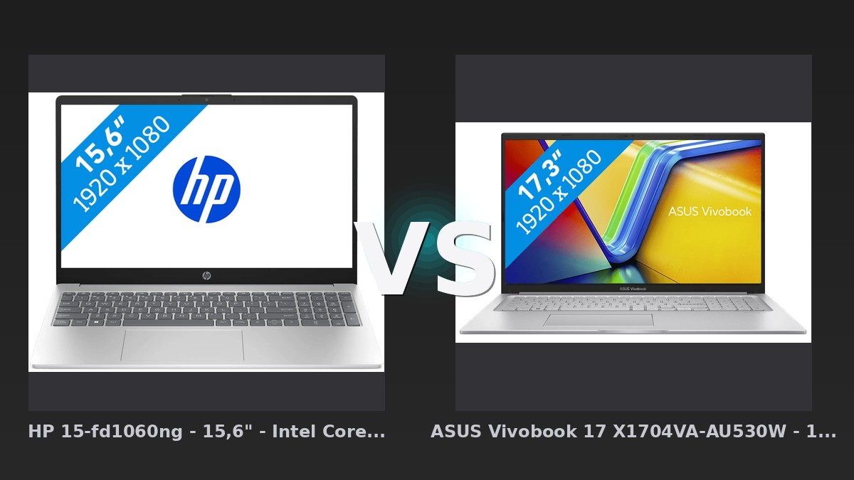Vergleich: HP 15-fd1060ng - 15,6" - Intel Core Ultra 5 - 16GB RAM/1TB SSD vs ASUS Vivobook 17 X1704VA-AU530W - 17,3" - Intel Core i7 - 16GB RAM/1TB SSD - HP 15-fd1060ng vs ASUS Vivobook 17 X1704VA: Preis-Leistungs-Duell