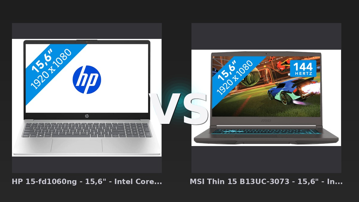 Vergleich: HP 15-fd1060ng - 15,6" - Intel Core Ultra 5 - 16GB RAM/1TB SSD vs MSI Thin 15 B13UC-3073 - 15,6" - Intel Core i5 - 16GB RAM/512GB SSD - RTX 3050 - HP 15-fd1060ng vs MSI Thin 15 B13UC-3073: Office-Allrounder oder Gaming-Einsteiger?