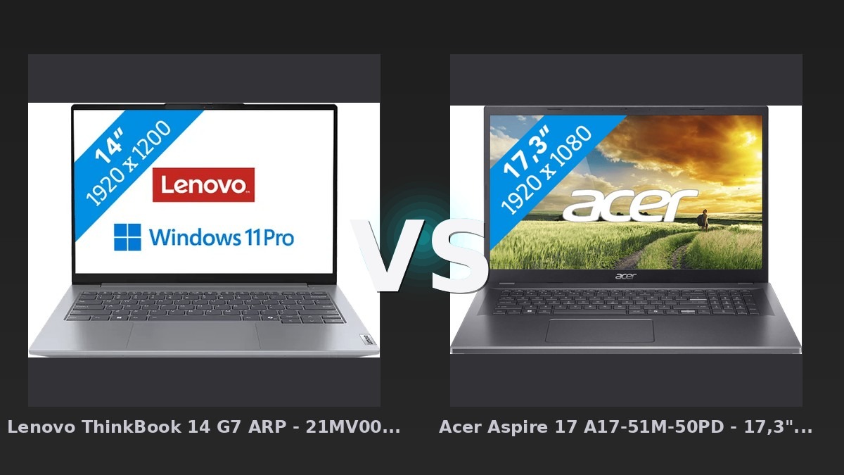 Vergleich: Lenovo ThinkBook 14 G7 ARP - 21MV00FKMH QWERTY [Englische Tastatur] vs Acer Aspire 17 A17-51M-50PD - 17,3" - Intel Core i5 - 16GB RAM/512GB SSD - Lenovo ThinkBook 14 G7 vs Acer Aspire 17: Kompakte Power oder große Leinwand?