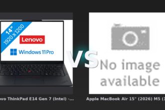 Vergleich: Lenovo ThinkPad E14 Gen 7 (Intel) - 21SX002KMH QWERTY [Englische Tastatur] vs Apple MacBook Air 15" (2026) M5 (10 CPU / 10 GPU) 24GB/512GB Mitternacht QWERTZ - Lenovo ThinkPad E14 Gen 7 vs. Apple MacBook Air 15″ M5: Business-Notebook trifft auf Premium-Leichtg