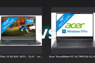 Vergleich: MSI Thin 15 B13UC-3073 - 15,6" - Intel Core i5 - 16GB RAM/512GB SSD - RTX 3050 vs Acer TravelMate P2 16 TMP216-51-G2-TCO-77R7 QWERTY [Englische Tastatur] - MSI Thin 15 vs Acer TravelMate P2 16: Gaming-Bolide trifft Business-Begleiter