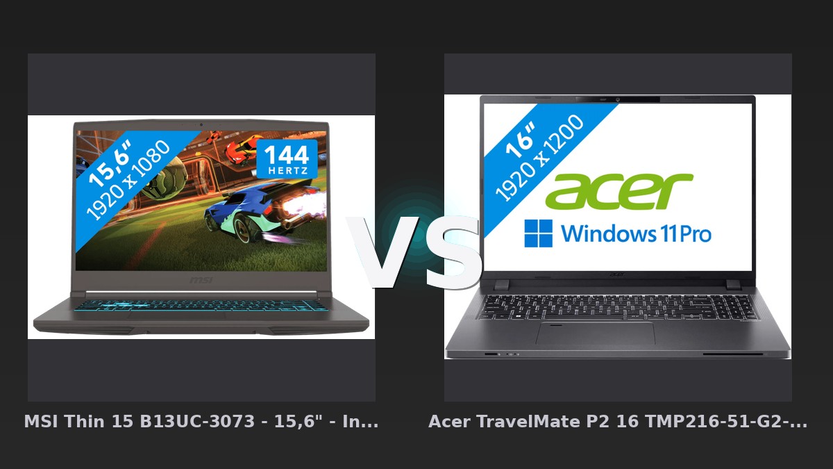 Vergleich: MSI Thin 15 B13UC-3073 - 15,6" - Intel Core i5 - 16GB RAM/512GB SSD - RTX 3050 vs Acer TravelMate P2 16 TMP216-51-G2-TCO-77R7 QWERTY [Englische Tastatur] - MSI Thin 15 vs Acer TravelMate P2 16: Gaming-Bolide trifft Business-Begleiter