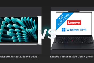 Vergleich: MacBook Air 15 2025 M4 24GB vs Lenovo ThinkPad E14 Gen 7 (Intel) - 21SX002KMH QWERTY [Englische Tastatur] - MacBook Air 15 M4 vs. Lenovo ThinkPad E14 Gen 7: Apples Leichtgewicht gegen den Business-Allrounder