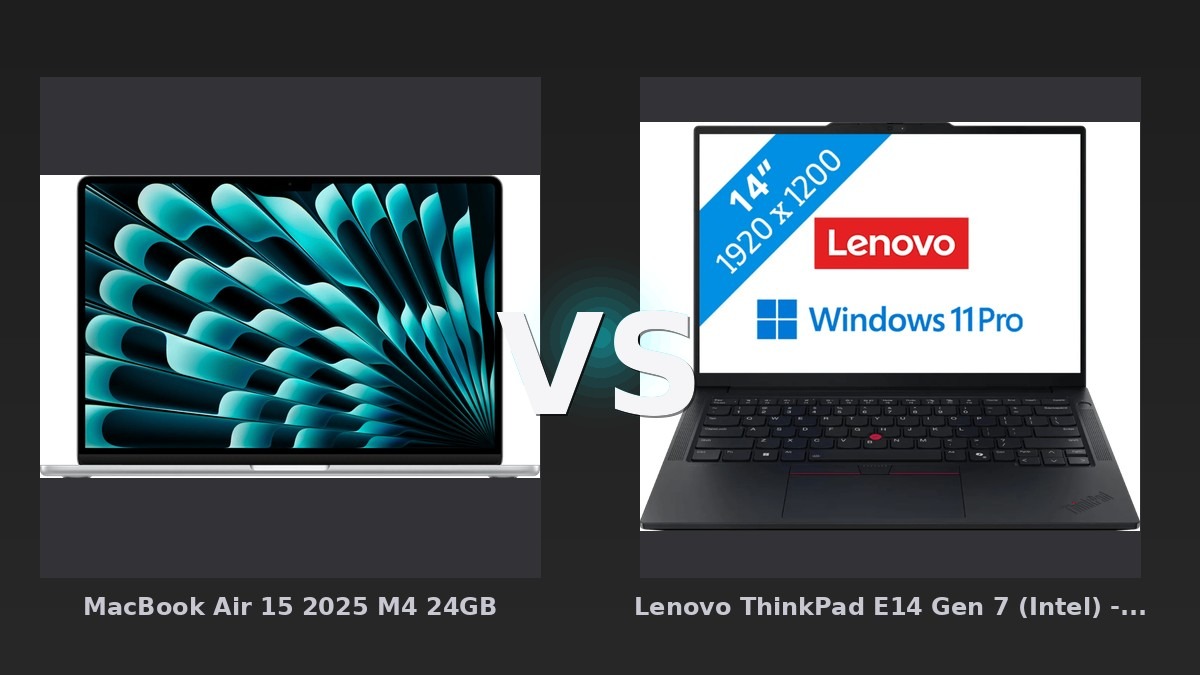 Vergleich: MacBook Air 15 2025 M4 24GB vs Lenovo ThinkPad E14 Gen 7 (Intel) - 21SX002KMH QWERTY [Englische Tastatur] - MacBook Air 15 M4 vs. Lenovo ThinkPad E14 Gen 7: Apples Leichtgewicht gegen den Business-Allrounder