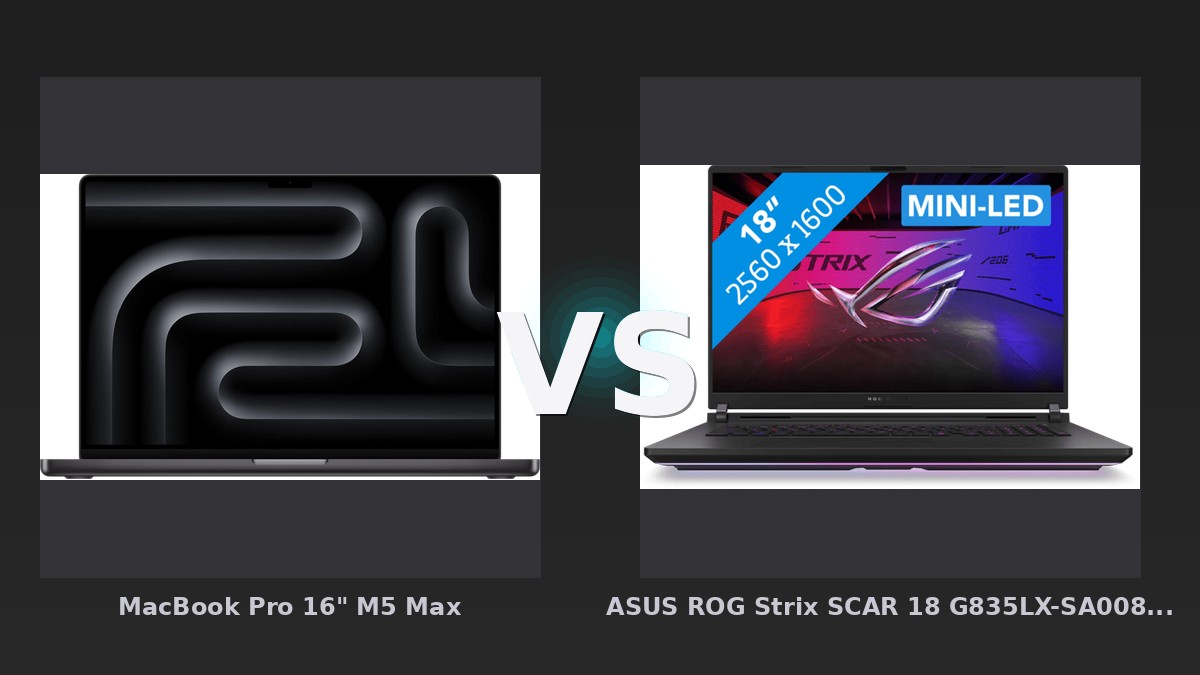 Vergleich: MacBook Pro 16" M5 Max vs ASUS ROG Strix SCAR 18 G835LX-SA008W - 18" - Intel Ultra 9 - 64GB RAM/2TB SSD - RTX 5090 - MacBook Pro 16" M5 Max vs. ASUS ROG Strix SCAR 18: High-End-Notebooks im Vergleich – Arbeitstier vs.