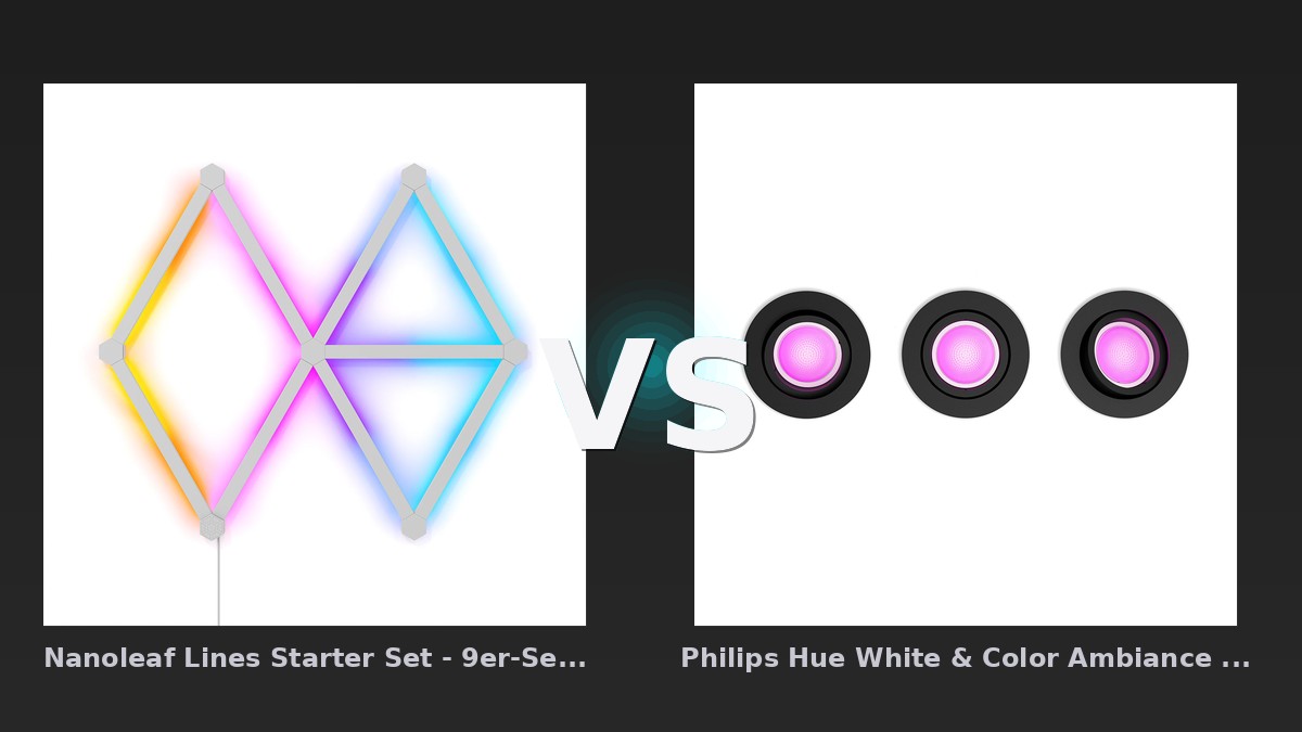 Vergleich: Nanoleaf Lines Starter Set - 9er-Set - Weiß vs Philips Hue White & Color Ambiance Centura Einbauspot 3 flg. - Schwarz - Nanoleaf Lines Starter vs Philips Hue White: Der KI-Audit