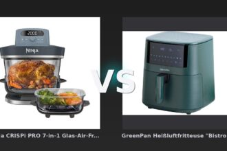 Vergleich: Ninja CRISPi PRO 7-in-1 Glas-Air-Fryer in Dunkelblau | AS101EUCY | von SharkNinja vs GreenPan Heißluftfritteuse "Bistro" 1 Korb 7,2 l, grün - Ninja CRISPi PRO vs. GreenPan Bistro: Glas trifft auf Volumen – welcher Air Fryer überzeugt?