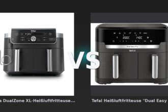Vergleich: Ninja DualZone XL-Heißluftfritteuse mit 9,5 l Fassungsvermögen und 2 Schubladen in Anthrazit | DZ950 vs Tefal Heißluftfritteuse "Dual Easy Fry XXL EY942H" 11 l, anthrazit - Ninja DZ950EU vs Tefal EY942H: Dual-Basket-Heißluftfritteusen im Vergleich