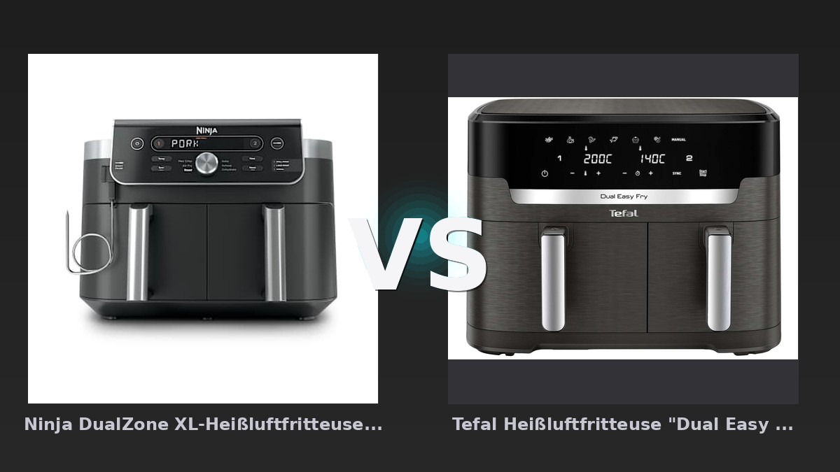 Vergleich: Ninja DualZone XL-Heißluftfritteuse mit 9,5 l Fassungsvermögen und 2 Schubladen in Anthrazit | DZ950 vs Tefal Heißluftfritteuse "Dual Easy Fry XXL EY942H" 11 l, anthrazit - Ninja DZ950EU vs Tefal EY942H: Dual-Basket-Heißluftfritteusen im Vergleich