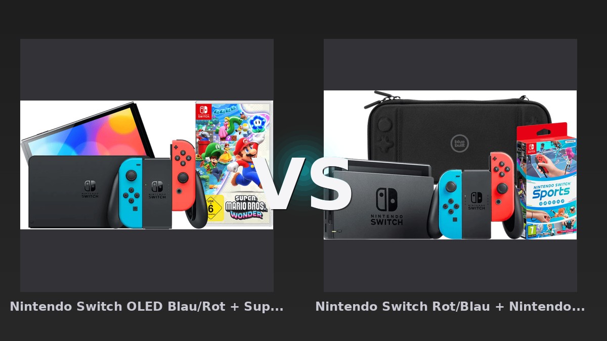 Vergleich: Nintendo Switch OLED Blau/Rot + Super Mario Bros. Wonder vs Nintendo Switch Rot/Blau + Nintendo Switch Sports + Bluebuilt Travel Case - Nintendo Switch OLED vs Standard Switch: Lohnt sich der Aufpreis für das bessere Display?