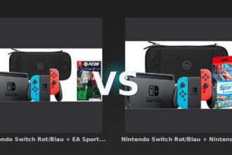 Vergleich: Nintendo Switch Rot/Blau + EA Sports FC 26 + BlueBuilt Schutzhülle vs Nintendo Switch Rot/Blau + Nintendo Switch Sports + Bluebuilt Travel Case - Nintendo Switch Bundle-Vergleich: EA Sports FC 26 vs. Switch Sports – Welches Paket lohnt sich?