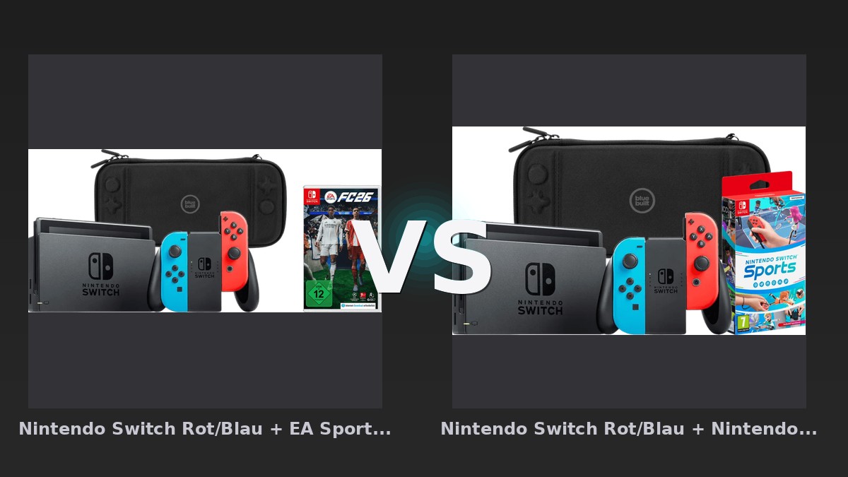 Vergleich: Nintendo Switch Rot/Blau + EA Sports FC 26 + BlueBuilt Schutzhülle vs Nintendo Switch Rot/Blau + Nintendo Switch Sports + Bluebuilt Travel Case - Nintendo Switch Bundle-Vergleich: EA Sports FC 26 vs. Switch Sports – Welches Paket lohnt sich?