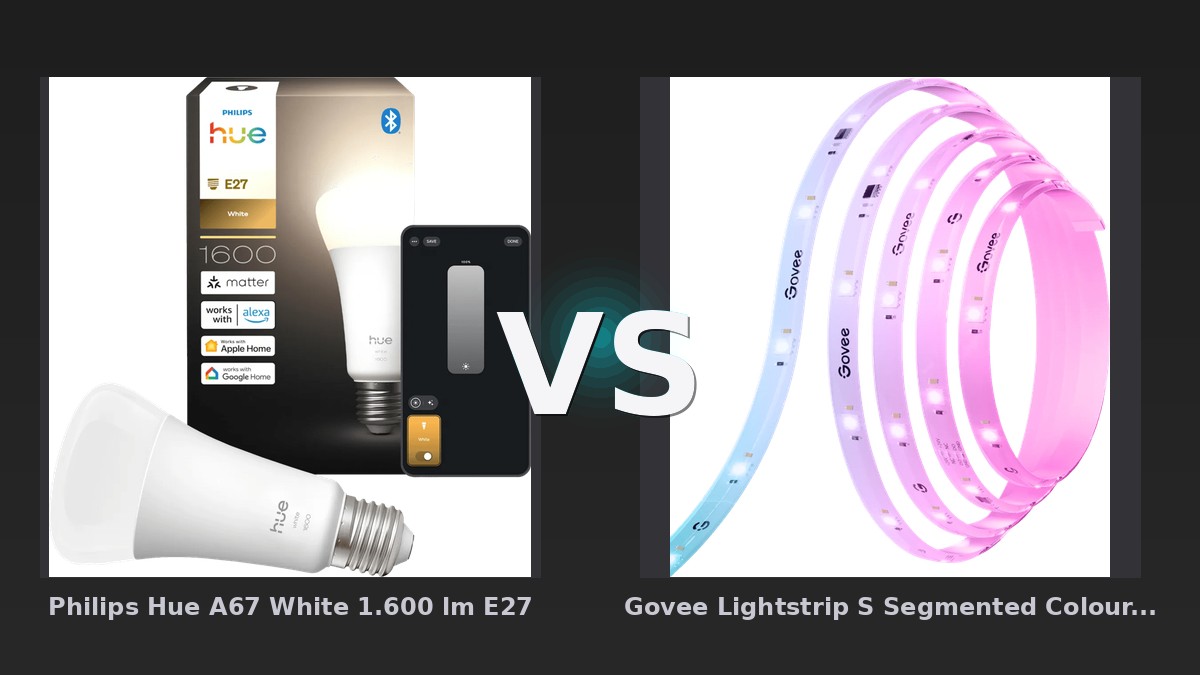 Vergleich: Philips Hue A67 White 1.600 lm E27 vs Govee Lightstrip S Segmented Colour Control 10 Meter - Philips Hue A67 vs Govee Lightstrip S: Der KI-Audit