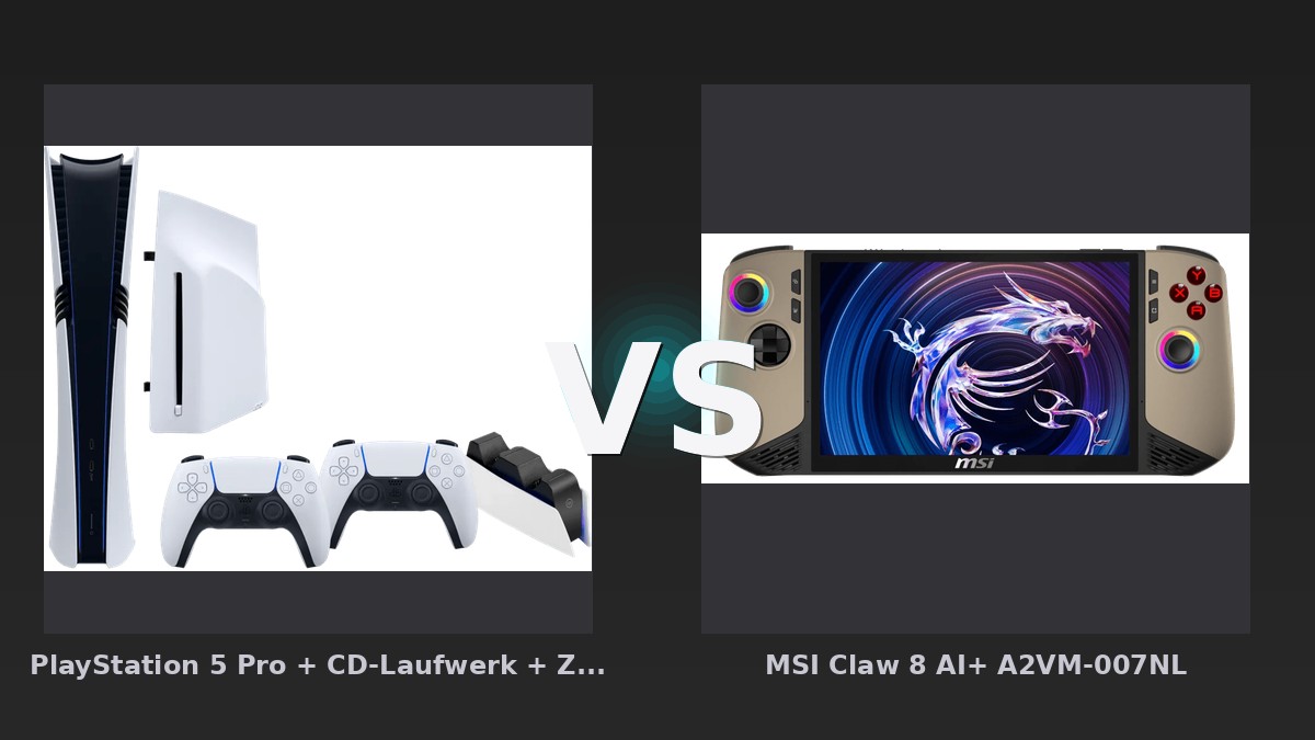 Vergleich: PlayStation 5 Pro + CD-Laufwerk + Zusätzlicher Controller Weiß + Ladestation vs MSI Claw 8 AI+ A2VM-007NL - PlayStation 5 + vs MSI Claw 8: Der KI-Audit
