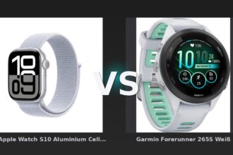 Vergleich: RP// Apple Watch S10 Aluminium Cellular 42mm Silber (Sport Loop blaue Wolke) vs Garmin Forerunner 265S Weiß - Apple Watch S10 vs Garmin Forerunner 265S: Zwei Welten treffen aufeinander