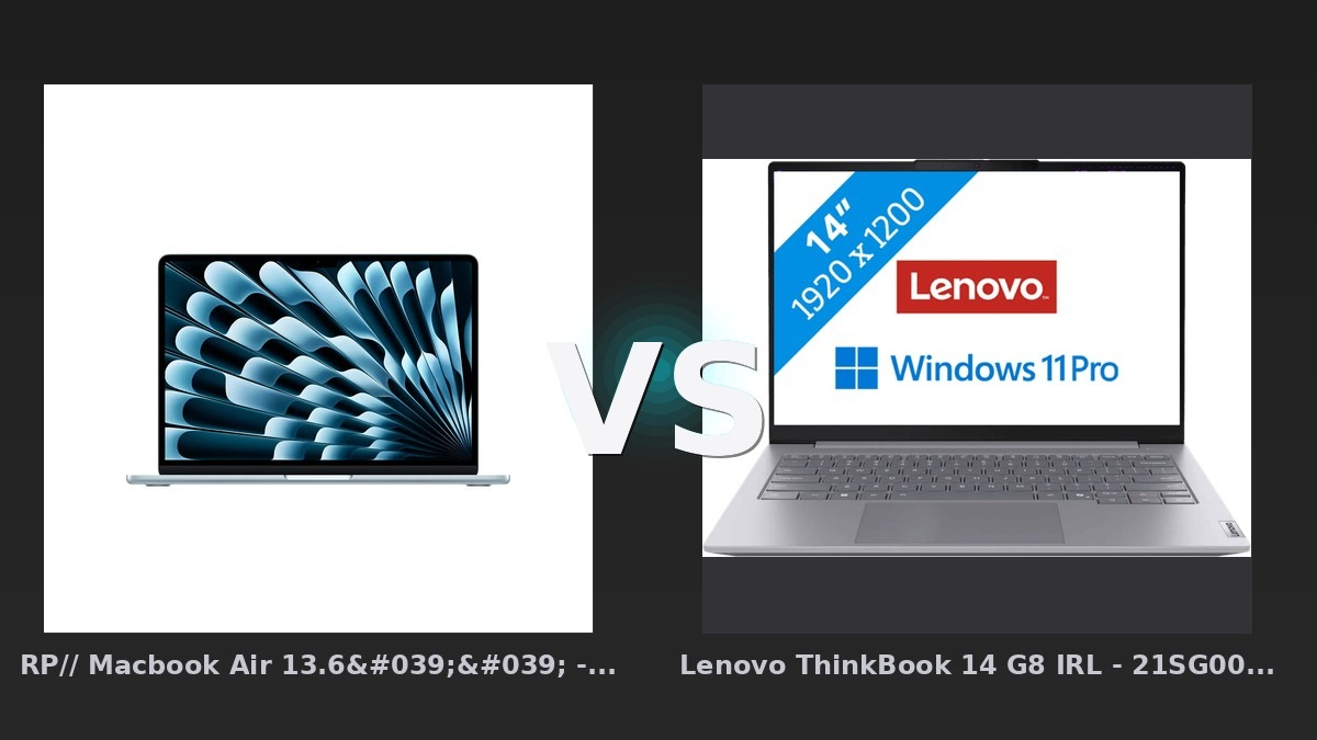 Vergleich: RP// Macbook Air 13.6'' - M4 10-Core CPU 10-Core GPU - 24 GB - 512 GB SSD - Himmelblau - vs Lenovo ThinkBook 14 G8 IRL - 21SG00HLMH QWERTY [Englische Tastatur] - MacBook Air M4 vs. Lenovo ThinkBook 14 G8: Das ARM-Übergewicht