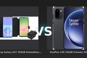 Vergleich: Samsung Galaxy A57 256GB Dunkelblau 5G + Basis-Zubehörset vs OnePlus 15R 256GB Schwarz 5G - Samsung Galaxy A57 vs. OnePlus 15R: Mittelklasse-Duell mit klarem Preis-Leistungs-Sieger