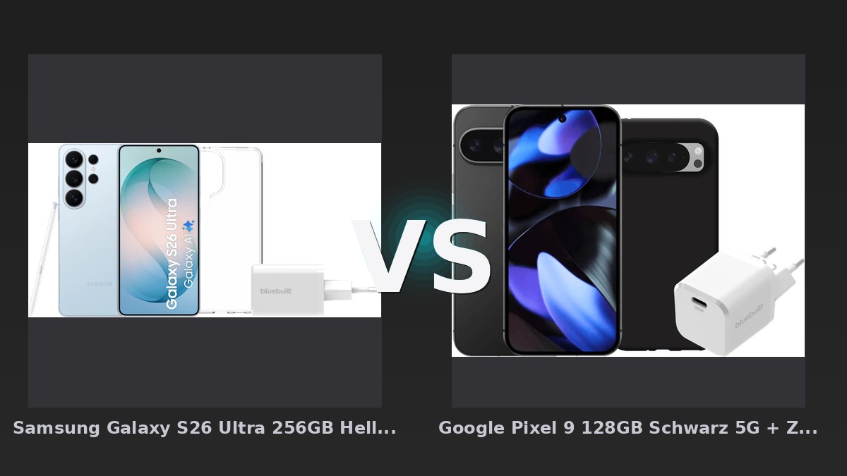 Vergleich: Samsung Galaxy S26 Ultra 256GB Hellblau 5G + Basis-Zubehörset vs Google Pixel 9 128GB Schwarz 5G + Zubehörset - Samsung Galaxy S26 Ultra 256GB Hellblau 5G + Basis-Zubehörset vs Google Pixel 9 128GB Schwarz 5G + Zubehörset: Vergleich