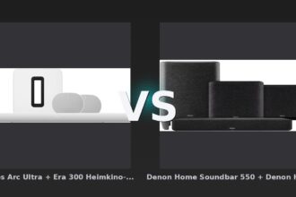 Vergleich: Sonos Arc Ultra + Era 300 Heimkino-Set Weiß vs Denon Home Soundbar 550 + Denon Home 250 Doppelpack Schwarz + Denon Home Subwoofer - Sonos Arc Ultra + Era 300 vs. Denon Home Soundbar 550 & Home 250 & Subwoofer: Heimkino-Syste
