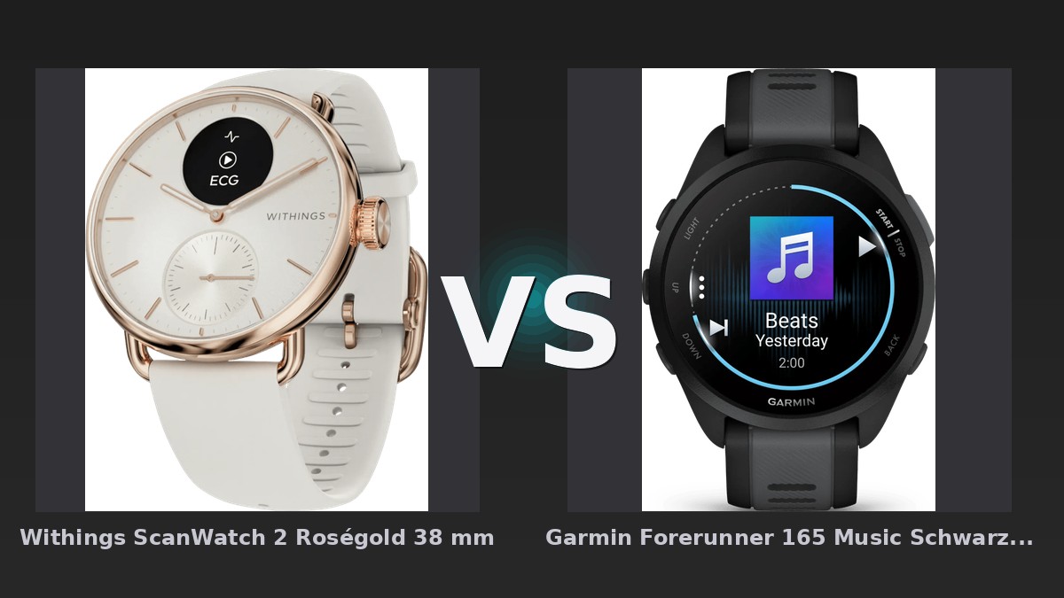 Vergleich: Withings ScanWatch 2 Roségold 38 mm vs Garmin Forerunner 165 Music Schwarz/Grau - Withings ScanWatch 2 vs Garmin Forerunner 165 Music: Gesundheits-Hybrid trifft auf Sport-Smartwatch