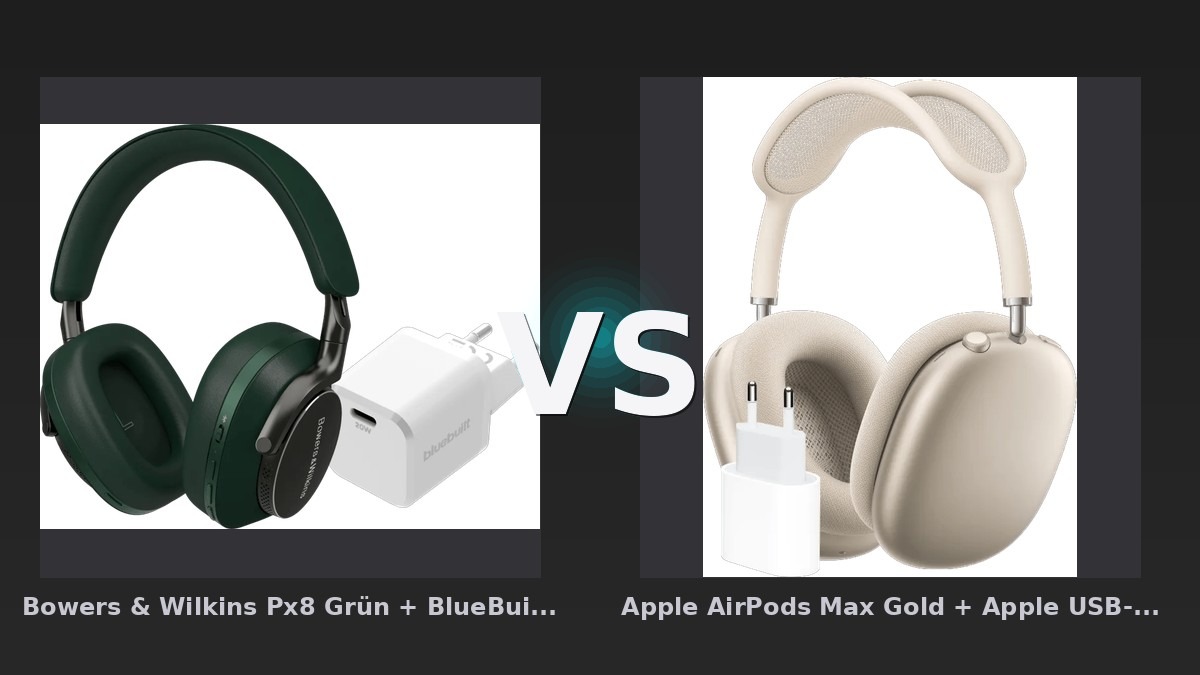 Vergleich: Bowers & Wilkins Px8 Grün + BlueBuilt Power-Delivery-Ladegerät mit USB-C-Port 20 W Weiß vs Apple AirPods Max Gold + Apple USB-C-Ladegerät 20 W - Bowers & Wilkins Px8 vs. Apple AirPods Max: Zwei Premium-ANC-Bundles im Vergleich