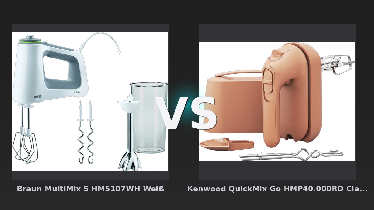 Vergleich: Braun MultiMix 5 HM5107WH Weiß vs Kenwood QuickMix Go HMP40.000RD Clay Red - Braun MultiMix 5 vs. Kenwood QuickMix Go: Handmixer-Duell mit Leistungsunterschied