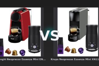 Vergleich: De'Longhi Nespresso Essenza Mini EN85.R + Pierre Milchaufschäumer vs Krups Nespresso Essenza Mini XN110B Grau + Pierre Milchaufschäumer - De'Longhi vs. Krups Nespresso Essenza Mini: Zwei fast identische Kapselmaschinen – der Preis entsche