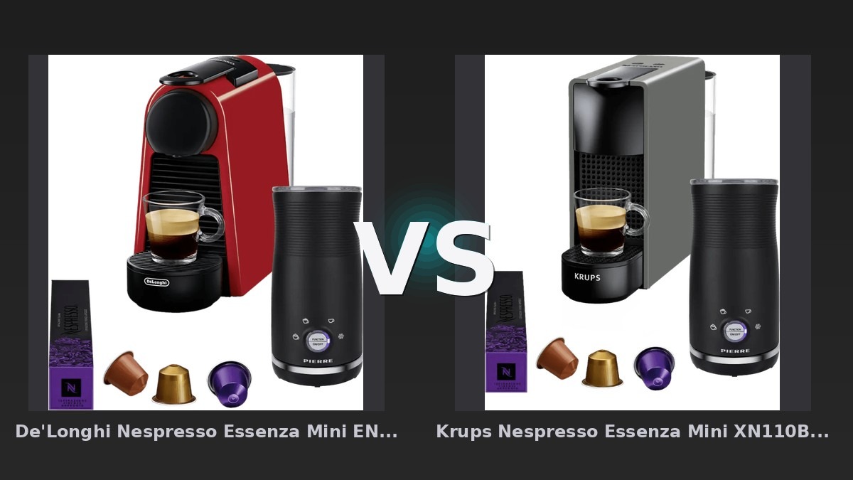 Vergleich: De'Longhi Nespresso Essenza Mini EN85.R + Pierre Milchaufschäumer vs Krups Nespresso Essenza Mini XN110B Grau + Pierre Milchaufschäumer - De'Longhi vs. Krups Nespresso Essenza Mini: Zwei fast identische Kapselmaschinen – der Preis entsche