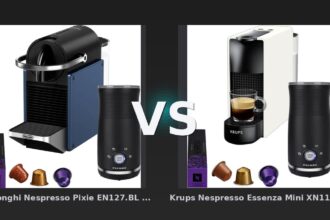 Vergleich: De'Longhi Nespresso Pixie EN127.BL + Pierre Milchaufschäumer vs Krups Nespresso Essenza Mini XN1101 Weiß + Pierre Milchaufschäumer - De'Longhi Pixie vs Krups Essenza Mini: Nespresso-Bundle-Vergleich