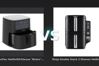 Vergleich: GreenPan Heißluftfritteuse "Bistro" 1 Korb 7,2 l, schwarz vs Ninja Double Stack 2-Ebenen Heißluftfritteuse 7,6 L | SL300EU | von SharkNinja - GreenPan Bistro vs. Ninja Double Stack – Zwei Heißluftfritteusen im direkten Vergleich